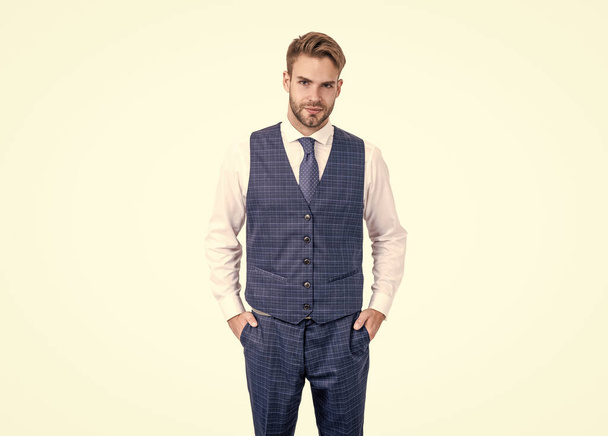 Meet your tailored needs. Ambitious man isolated on white. Tailored garment. Bespoke tailoring - Фото, изображение