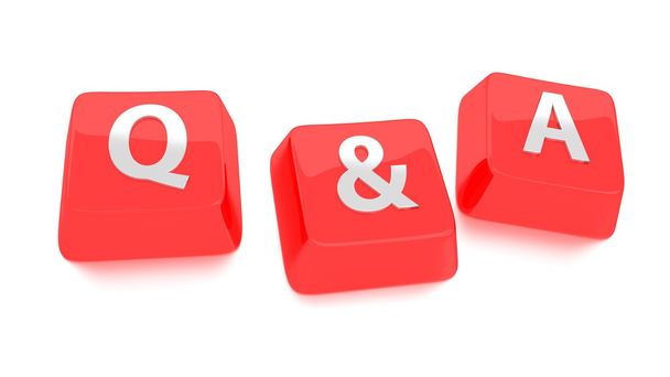 Q&A написана білим кольором на червоних комп'ютерних клавішах. 3d ілюстрація. Ізольований фон
. - Фото, зображення