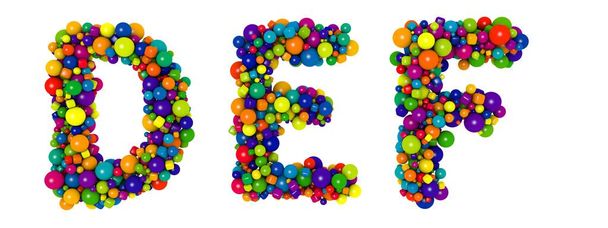 Letras multicolores D E F. Divertida ilustración 3D. Brillante texto bolas decorativas multicolores. - Foto, Imagen