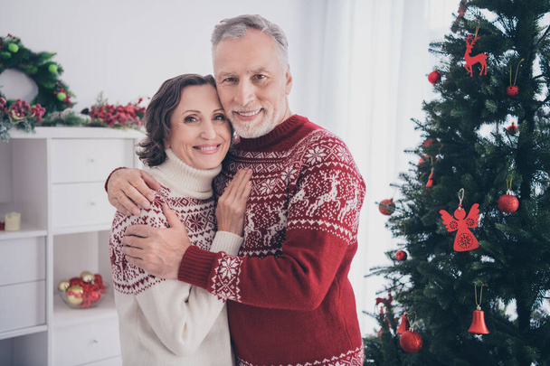 Photo of sweet couple old lady man hug wear sweater at home - Foto, afbeelding