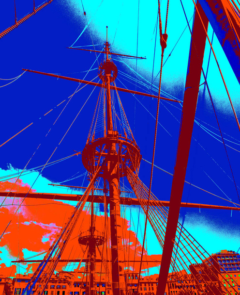 Masts of a sailing ship against the background of the blue sky and the city. Stylization in blue and red colors. Illustration. Background with a sailboat. - Photo, Image