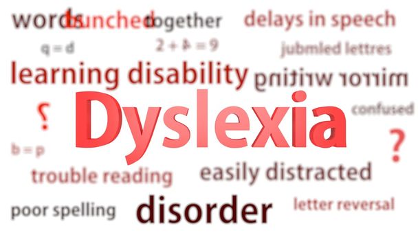 Dyslexie titel omringd door wazig woorden context. titels concept. 3D illustratie. - Foto, afbeelding