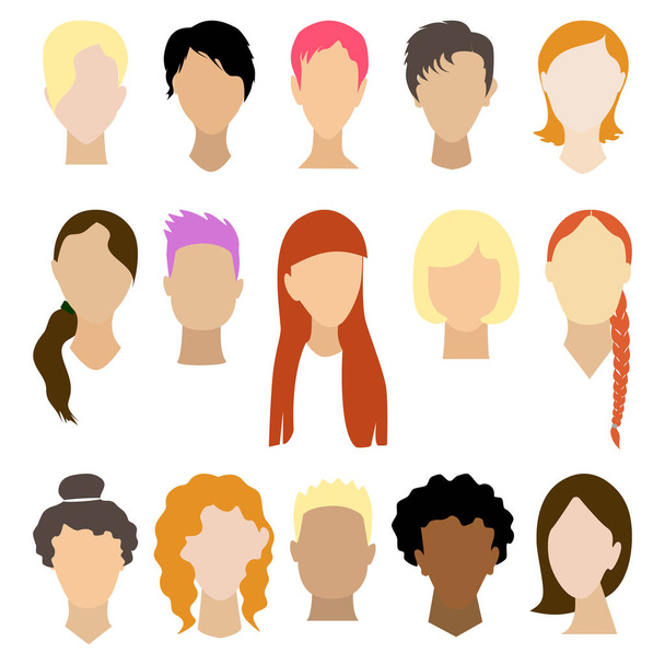 Vrouw avatars met lang, kort en krullend haar in verschillende kleuren tinten en types. Set van modieuze meisjes portret met moderne kapsels en diverse trendy kapsels. Jpeg illustratie. - Foto, afbeelding