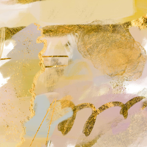 Абстрактная кисть топит современные картины изобразительного искусства цифровые иллюстрации с золотой фольгой текстуры чернил. - Фото, изображение