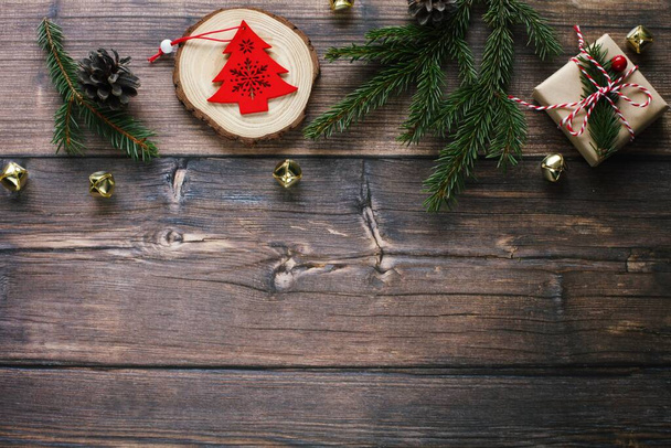 Beautiful Christmas wooden  background, top view photography - Фото, изображение