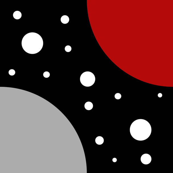 Siyah arkaplanda gri, kırmızı ve beyaz noktalar bulunan yıldızlı gecenin soyut geometrik çizimi - Fotoğraf, Görsel