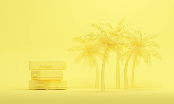 Palm trees on yellow studio background with travel suitcase. 3d rendering - Фото, зображення