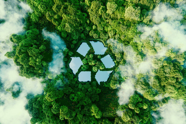 Un lago a forma di cartello di riciclo in mezzo alla natura incontaminata. Una metafora ecologica per la gestione dei rifiuti ecologici e uno stile di vita sostenibile ed economico. rendering 3d. - Foto, immagini