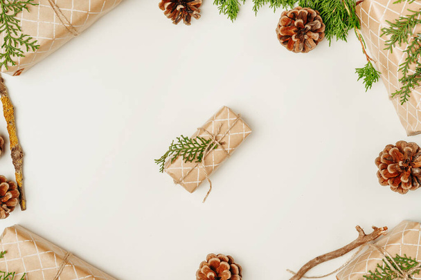 Christmas composition with Christmas gift. Top view, flat lay, copy space - Fotoğraf, Görsel