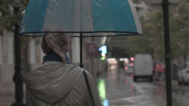 Femme avec parapluie en soirée d'automne
 - Photo, image