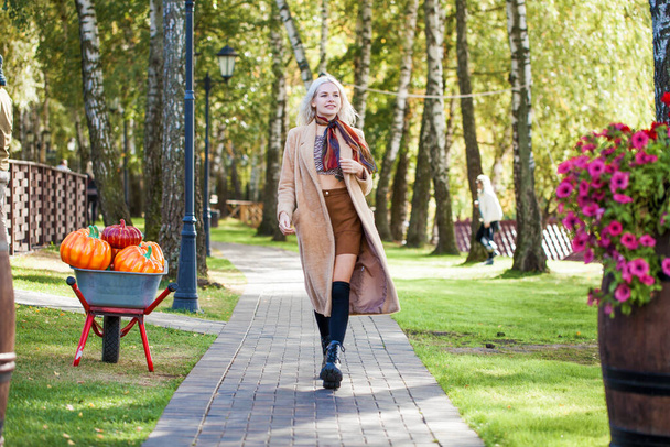 Young stylish blonde girl in a beige coat walks in the autumn park - Фото, зображення
