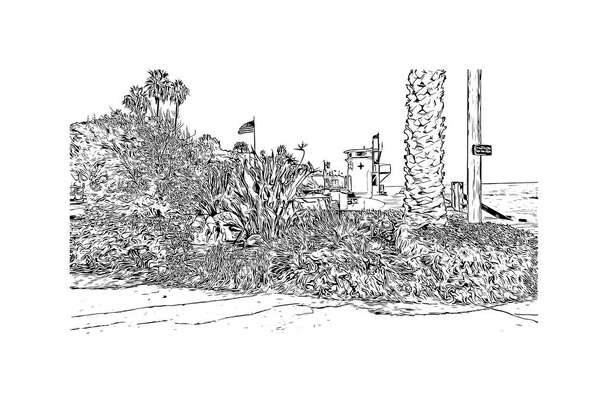 Stampa Vista edificio con punto di riferimento di Laguna Beach è una piccola città costiera della California. Illustrazione schizzo disegnato a mano in vettore.  - Vettoriali, immagini