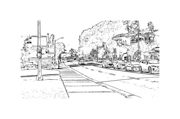 Print Building vista com marco de Laguna Beach é uma pequena cidade costeira na Califórnia. Desenho desenhado à mão ilustração em vetor.  - Vetor, Imagem