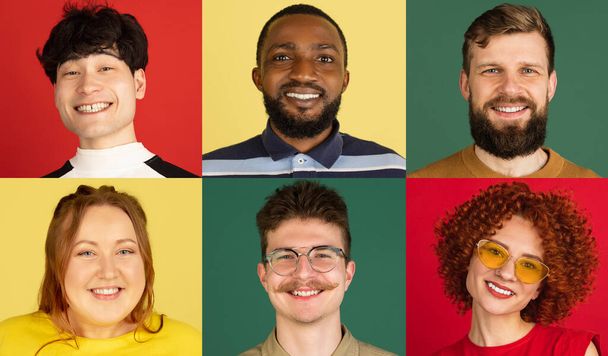 Collage de grupo de jóvenes multiétnicos con antecedentes multicolores. Concepto de emociones, expresiones faciales. - Foto, Imagen