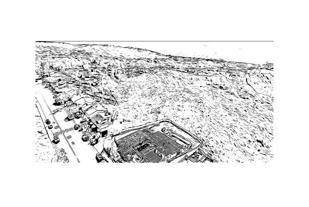 印刷ラグナビーチのランドマークとビルの景色はカリフォルニア州の小さな沿岸都市です。手描きのスケッチ図ベクトル.  - ベクター画像