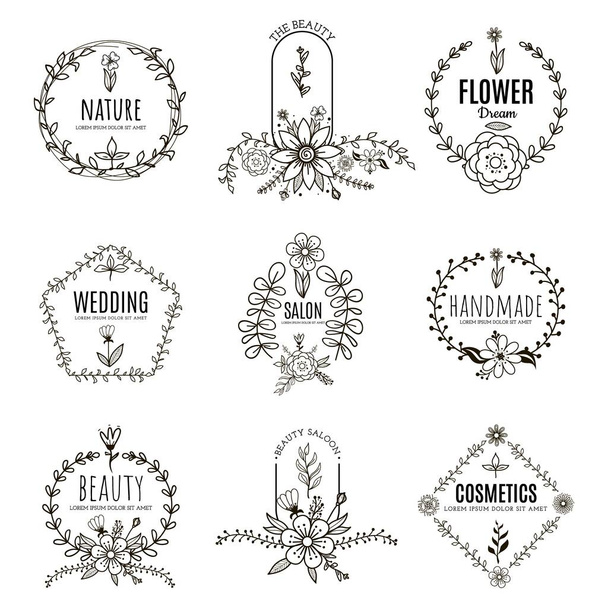 Set of hand drawn beauty labels and badges. Vector illustration for cosmetics, natural products, spa, beauty salon, wedding - Vector, Image