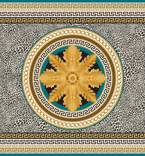 Impresión de borde de alfombra sin costura vectorial sobre un fondo de patrón de piel de leopardo beige. Oro clásico griego friso meandro, marco de cadena de oro barroco, roseta redonda. Bufanda, chal, alfombra - Vector, imagen