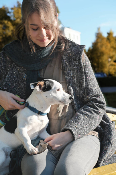 молодая женщина в пальто, обнимающая собаку, сидя на скамейке в осеннем парке. Джек Рассел терьер на коленях у женщины, смотрит в сторону. уход за животными, прогулки вместе и отдых на открытом воздухе. - Фото, изображение