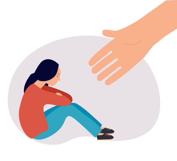 Human hand helps a sad young woman. Mental health help for people under depression, vector illustration - Vektor, kép