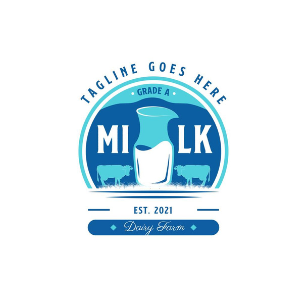 Logo del prodotto lattiero-caseario. Con vetro da latte e silhouette di mucca. Etichetta premium, lusso ed emblema vintage - Vettoriali, immagini