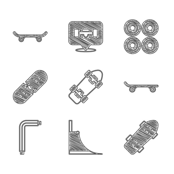 Set Skateboard, park, Tool allen keys, Broken skateboard deck, wheel and icon. Vector - Vektori, kuva
