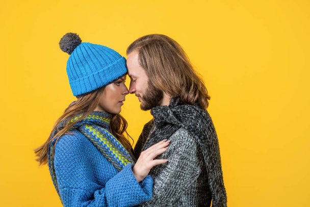 happy couple in love wear knitted clothes in winter, fashion - Фото, изображение