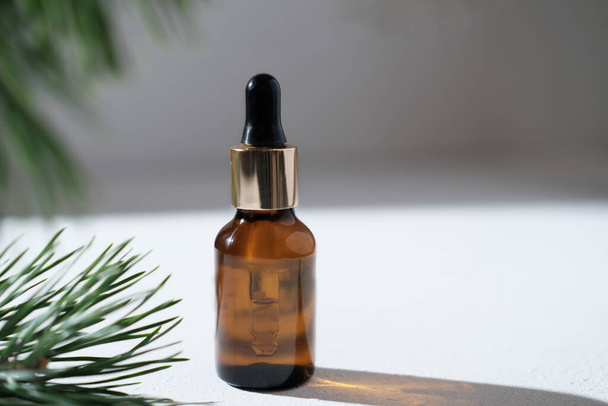 a bottle with cosmetic oil or face serum with pine twigs. pine essential oil or skin care solution for anti age treatment. copy space. - Foto, Imagem