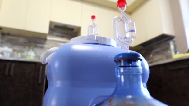 Fermentación activa del vino casero en recipientes de plástico en la cocina - Imágenes, Vídeo