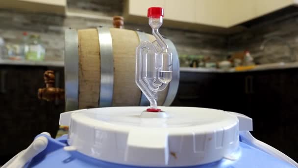 Fermentazione attiva del vino fatto in casa in contenitori di plastica in cucina - Filmati, video