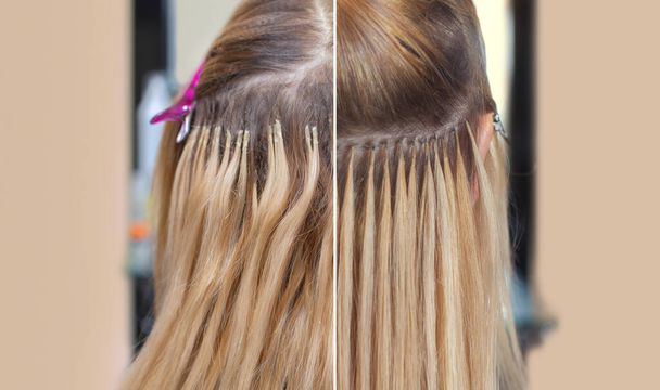 Foto voor en na hair extensions voor een jong meisje, een blonde in een schoonheidssalon. Professionele haarverzorging. - Foto, afbeelding