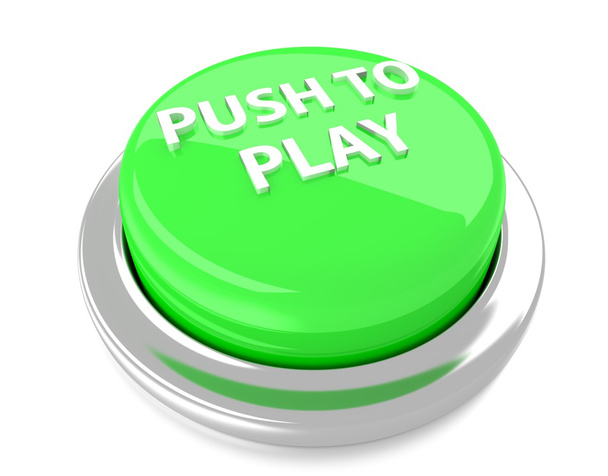 PUSH TO PLAY on green push button. 3d illustration. Isolated background. - Photo, Image