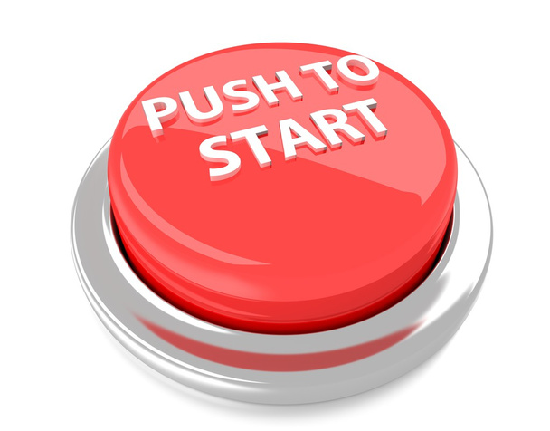 PUSH TO START на червоній кнопці. 3d ілюстрація. Ізольований фон
. - Фото, зображення