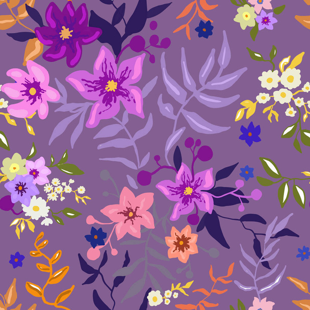 Tropisch bloemenpatroon. Kleurrijke grafische bloemenvector naadloos patroon op een roze achtergrond. Gestileerde hand-geschilderde tuin lelie en exotische bloem textuur. Modieuze bladerprint. Vector - Vector, afbeelding