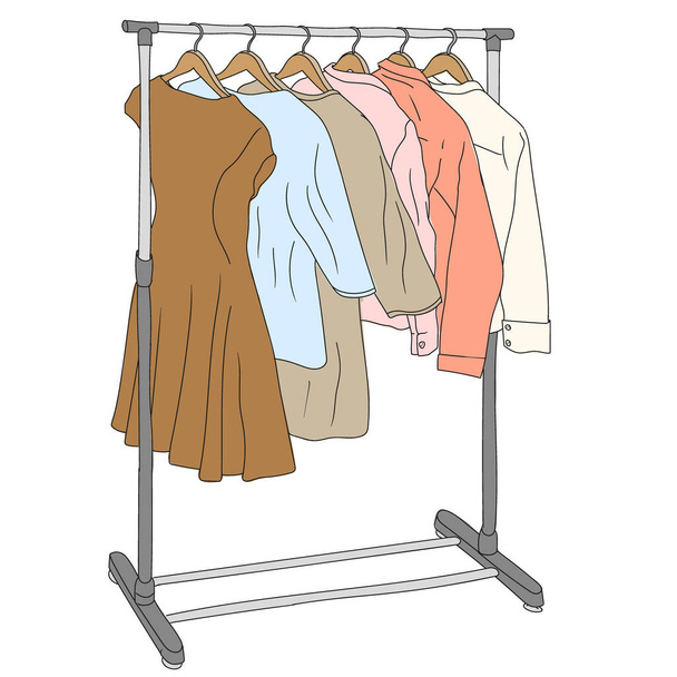 Cintre de garde-robe avec des vêtements pour femmes en différentes couleurs. Croquis linéaire rapide. - Vecteur, image