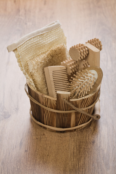Wooden bucket with bath accessories - Photo, Image