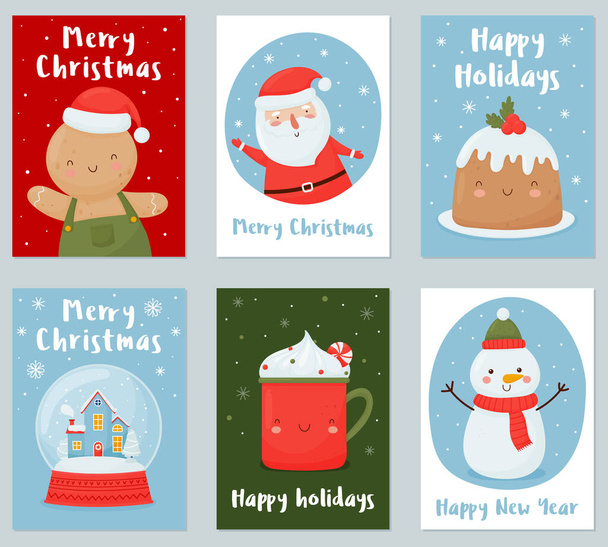 Set of Christmas and New Year holiday cards with funny Christmas characters. - Вектор, зображення