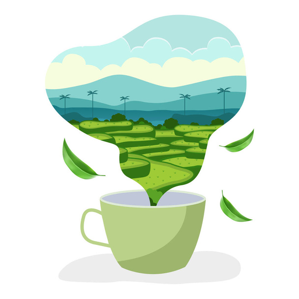 Illustration de ferme de thé en forme de tasse de thé fumée avec des feuilles  - Vecteur, image