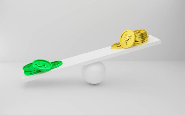 Indian Rupee and Dollar Coins - Falling value of  the Indian Rupee Concept 3D Illustration - Фото, зображення