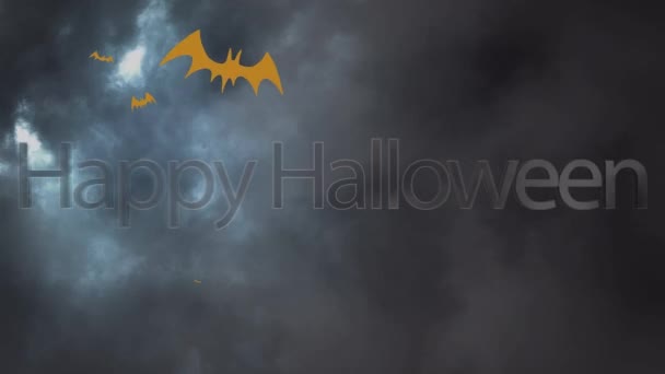 Animation of happy halloween text over bats flying on stormy sky. halloween, autumn, celebration and tradition concept digitally generated video. - Кадри, відео