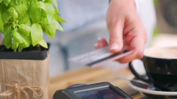 NFC luottokorttimaksu. Nainen maksaa kontaktittomalla luottokortilla NFC-teknologialla. Langaton rahansiirto. Langaton maksu - Materiaali, video