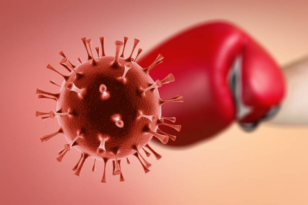 World Fight against corona virus, coronavirus vaccination concept. Hand with boxing gloves and virus - Zdjęcie, obraz