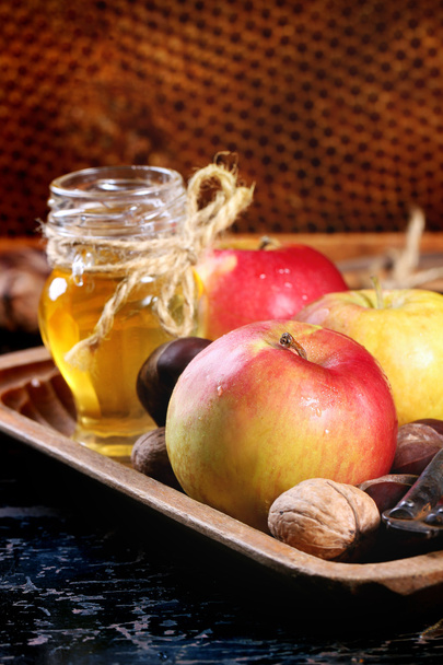 Honey, nuts and apples - Photo, image