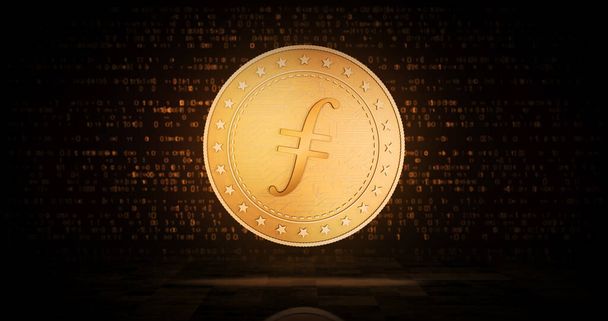 Filecoin FIL Kryptowährungssymbol Goldmünze auf grünem Hintergrund. Abstraktes Konzept 3D-Illustration. - Foto, Bild