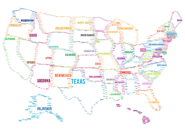 Mapa Stany Zjednoczone ze słów - Wektor, obraz