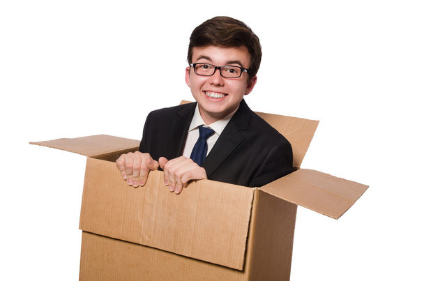 Vtipný muž s krabicemi izolované na bílém - Fotografie, Obrázek