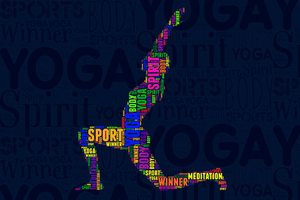 Una ilustración de la postura del yoga con palabra arte y tipografía - Foto, imagen