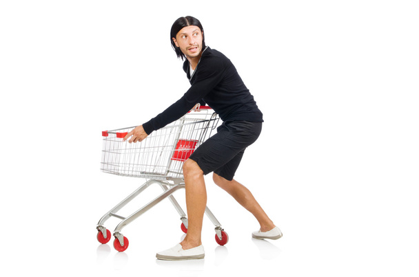 白に隔離されたスーパーマーケットバスケットカートを持つ男のショッピング - 写真・画像