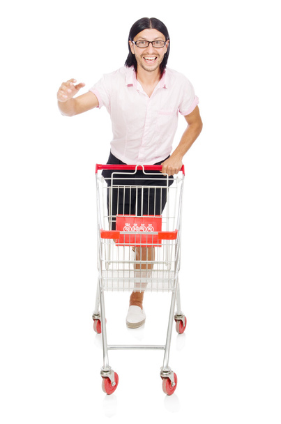 Man shopping with supermarket basket cart isolated on white - Photo, Image