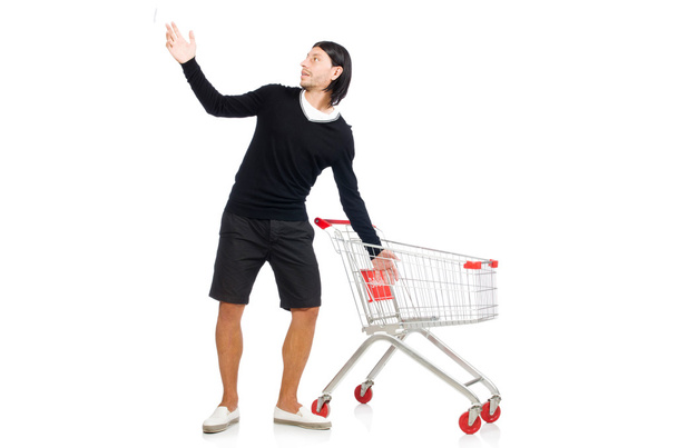 Man shopping with supermarket basket cart isolated on white - Photo, Image