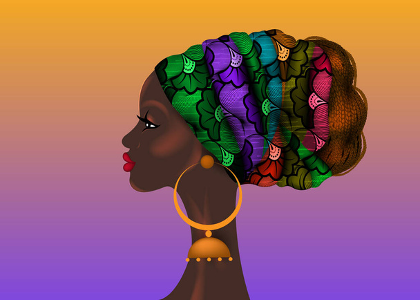 Афро прическа, красивый портрет африканской женщины в восковой печати ткань тюрбан, разнообразие концепции. Черная Королева, этническая головка галстук для афрокосичек и извращенные кудрявые волосы вектор изолирован на красочном фоне - Вектор,изображение